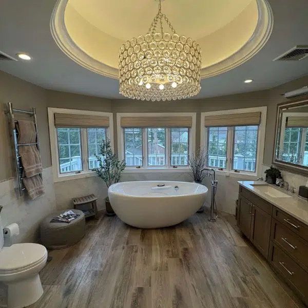 A bathroom with a freestanding bathtub